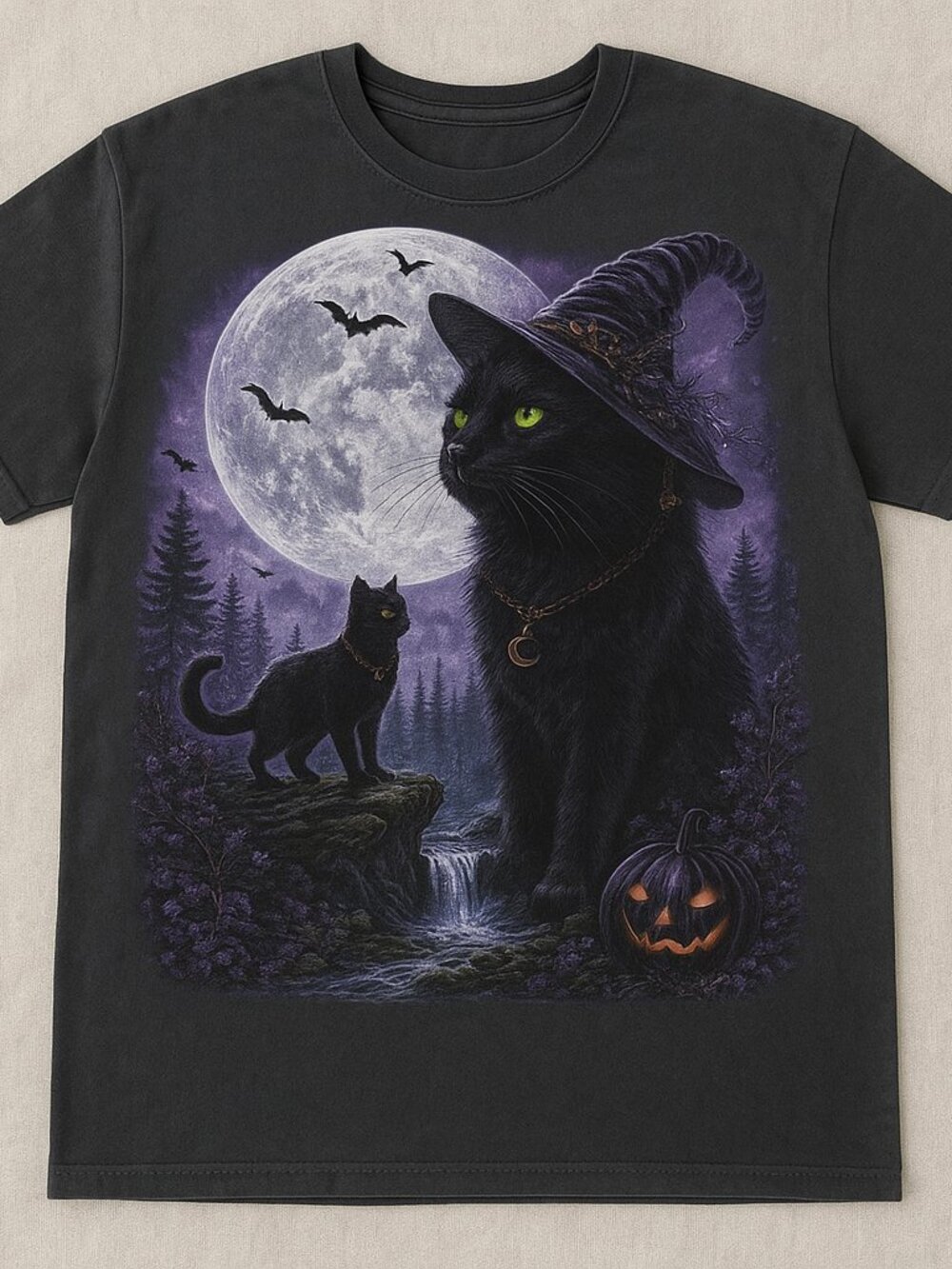 Witch Cat Moonlit Forest Halloween Graphic Tee Washed Black Purple